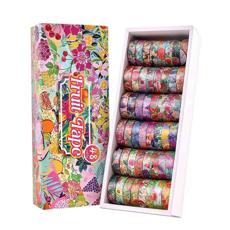 icceemee 48 Rolls Fruit Theme Washi Tape Set, Writable Decorative Tapes for Scrapbooking, Junk Journal Supplies, Bullet Journaling, 0.39"x79" per Roll - Image 1